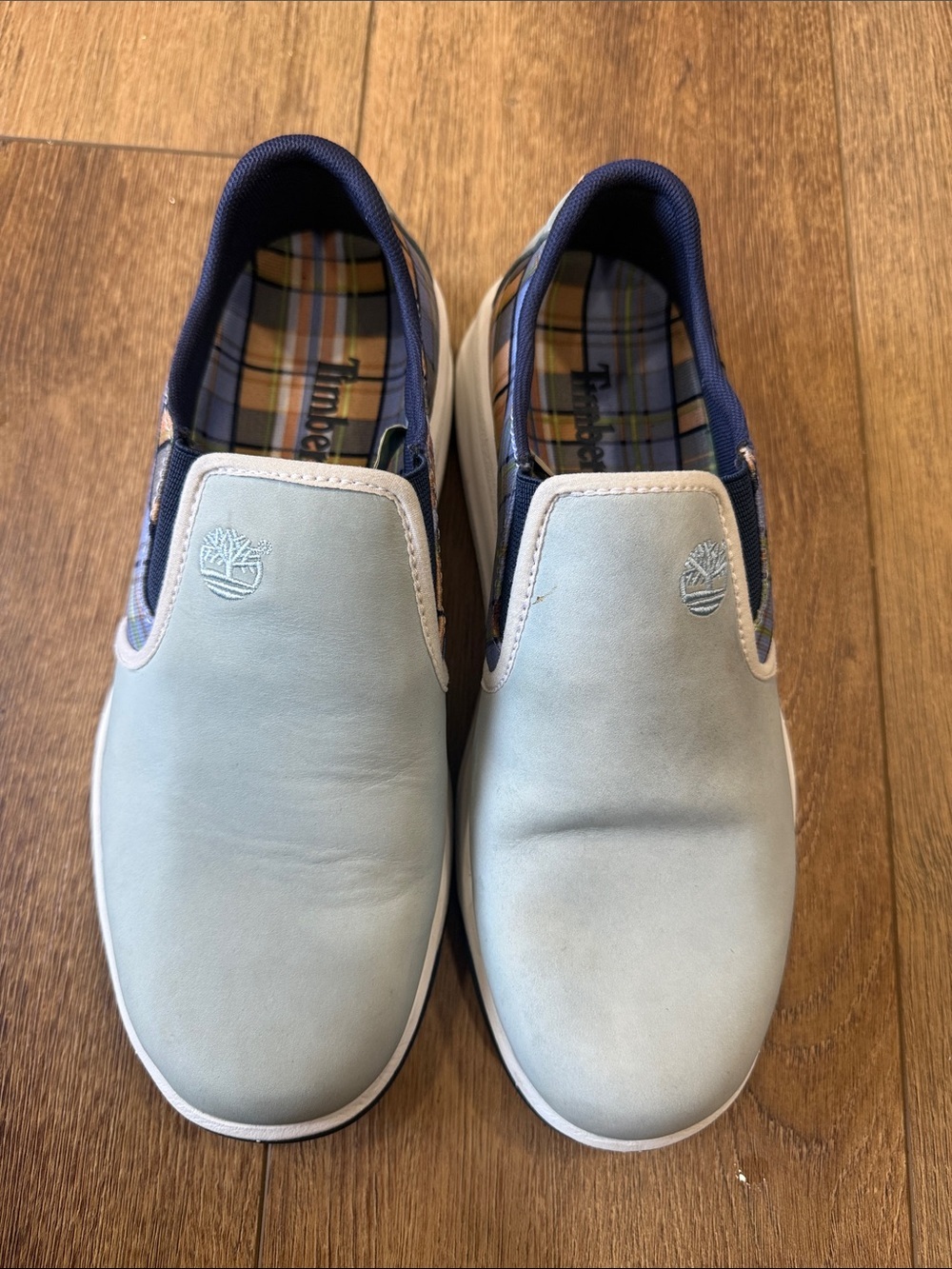 Timberland Men's Slip-On Loafers in Light Blue and Navy Trim. Size 7M